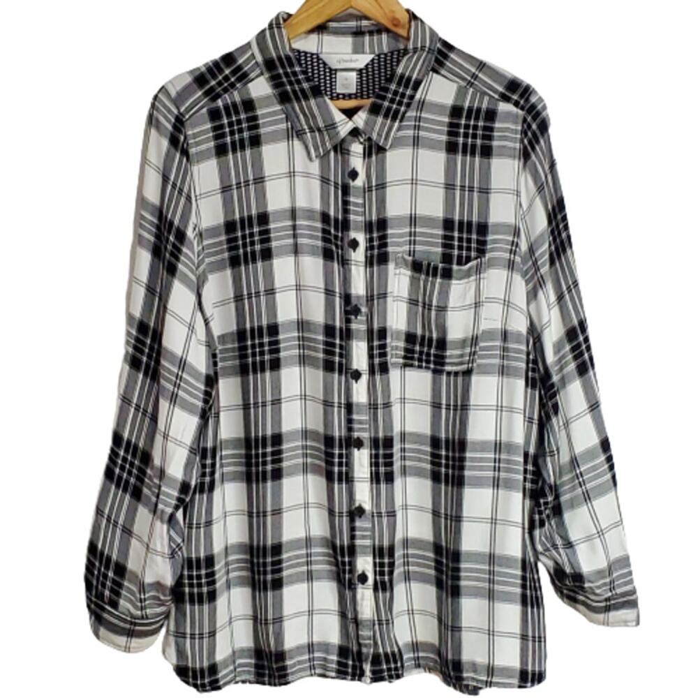 CJ Banks Plaid Soft Roll Tab Long Sleeve Button Front Career Top 1X